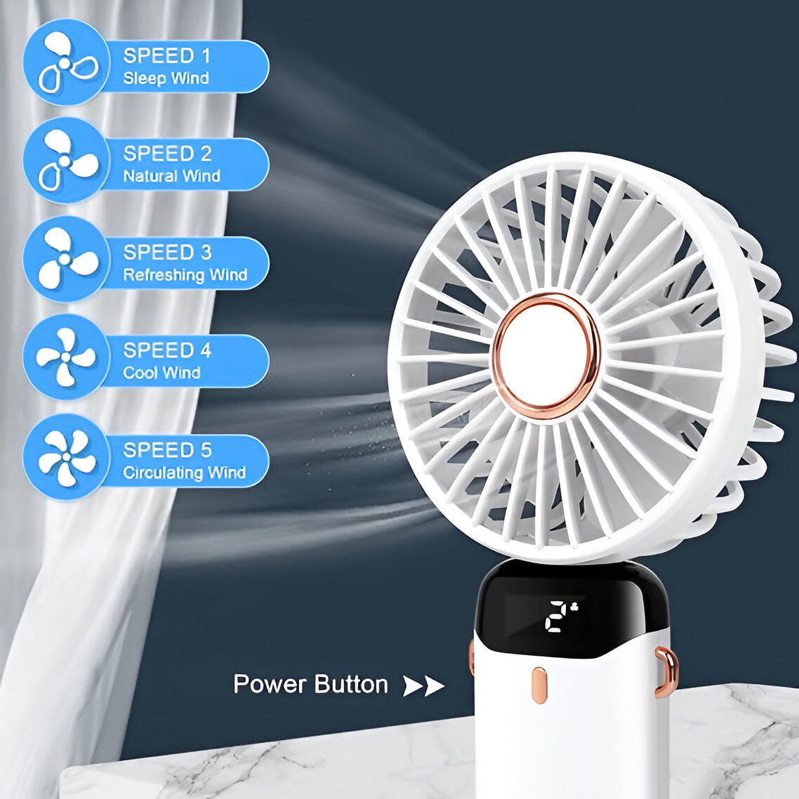 Mini bærbar ventilator | Genopladelig med Type-C | 5 hastigheder | 5000mAh batteri | Tyst og justerbar | LED-skærm | Perfekt til hjem, kontor og rejser | Kompakt og kraftfuld | Flere farver tilgængelige