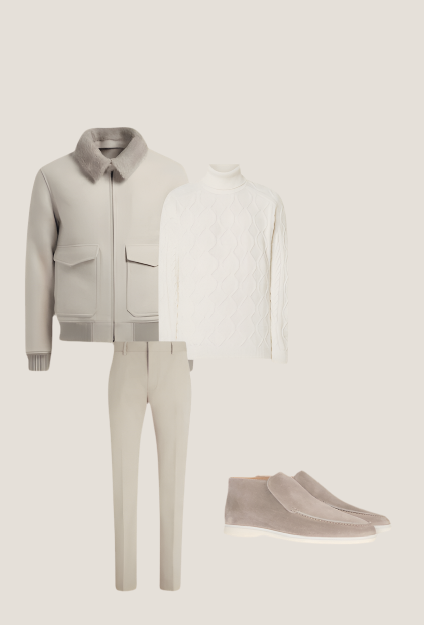 Puento Fortade | Vinteroutfit til mænd | Jakke & Sweater i Merinould | Slanke Bukser i Bomuld/Uld | Høje Ruskindsloafers i Beige/Hvid