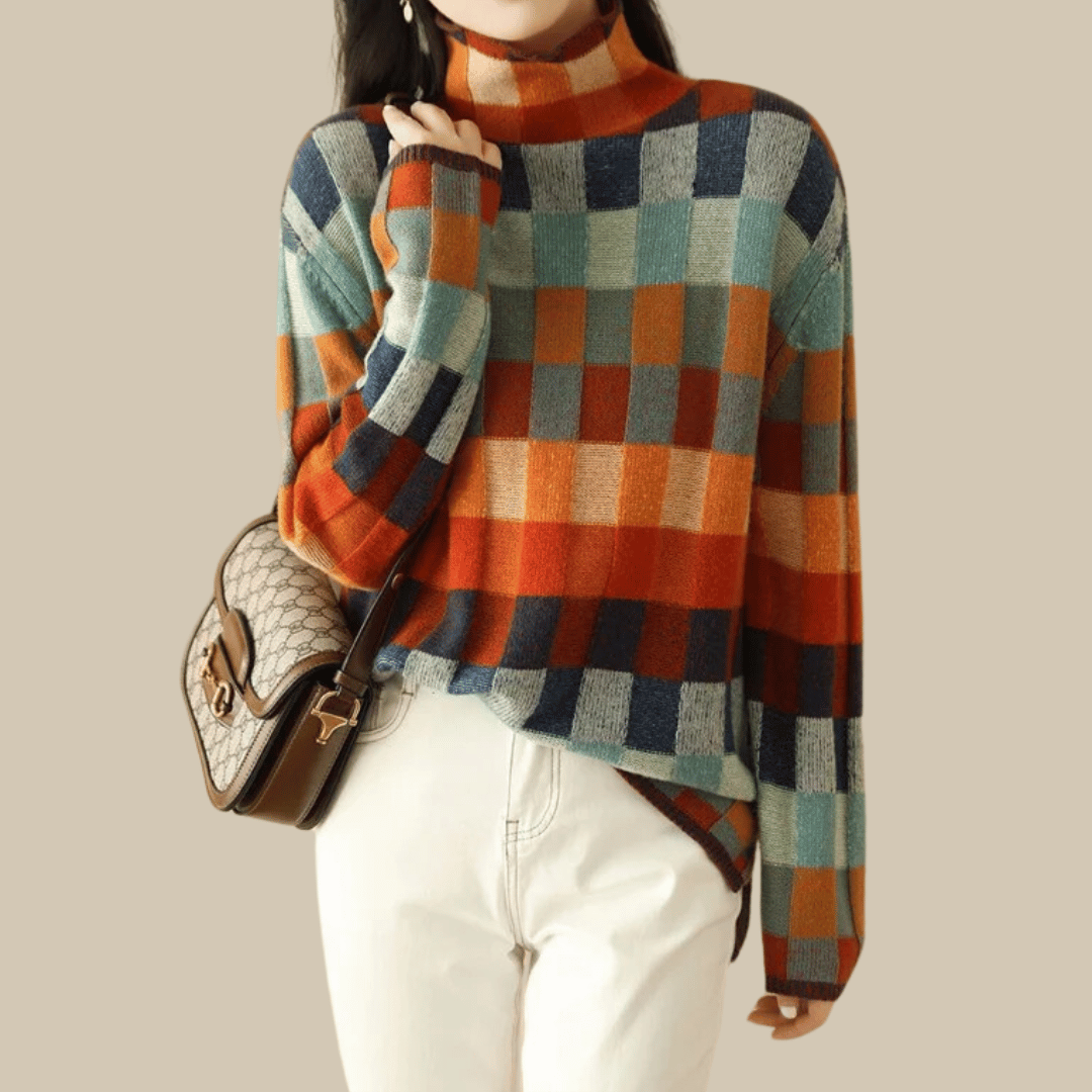 Chelsea Mongolsk Cashmere | Farverigt Patchworkmønster | Blød Rullekrave Sweater | Ultraluksus & Komfort | Damemode Trøje |