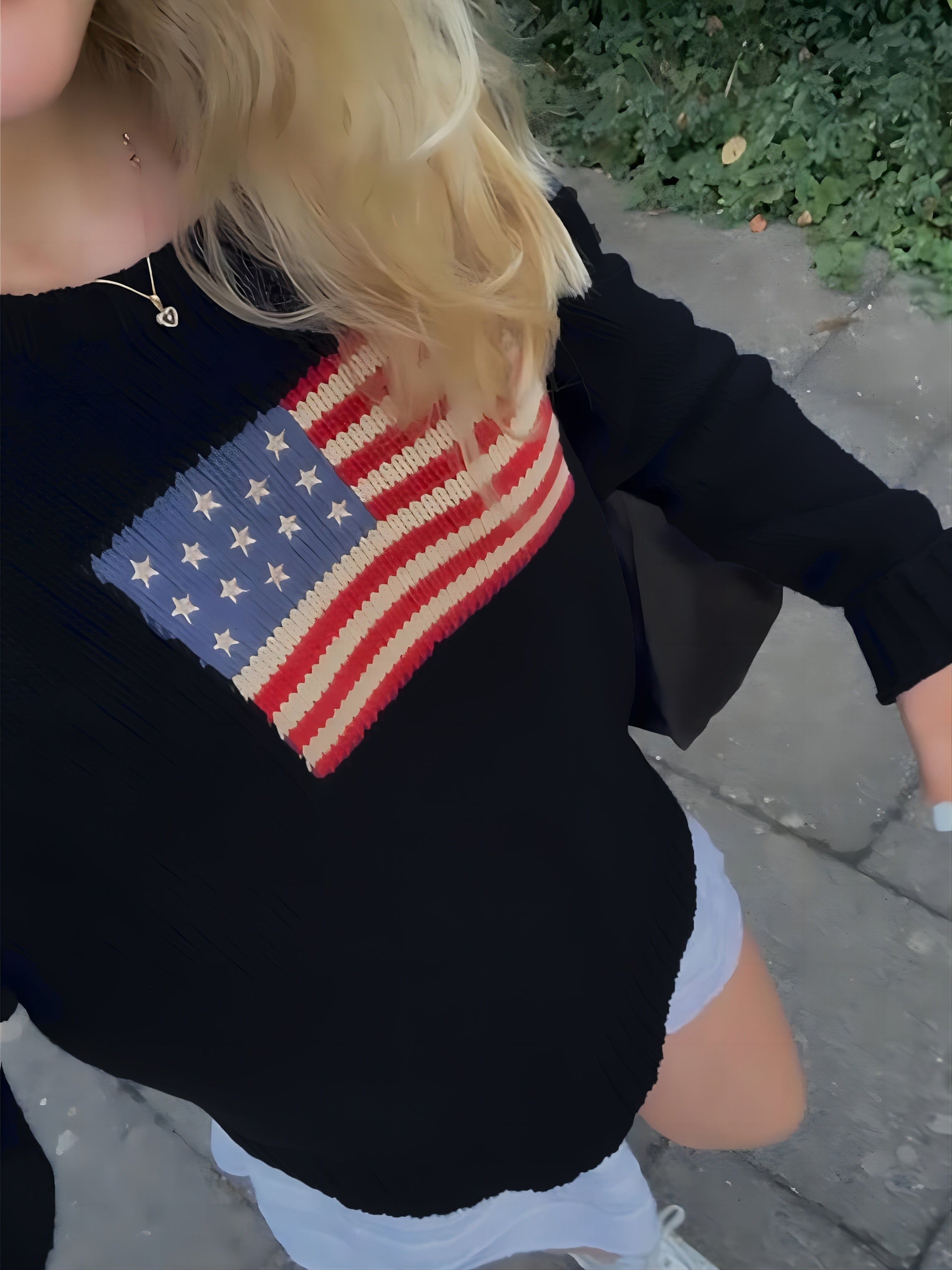 Amerikansk Flag Mønstret Kvinde-Bluse | Rund Hals | Lange Ærmer | Vintervarm og Komfortabel | Blødt Materiale | Elegant Daglig Stil