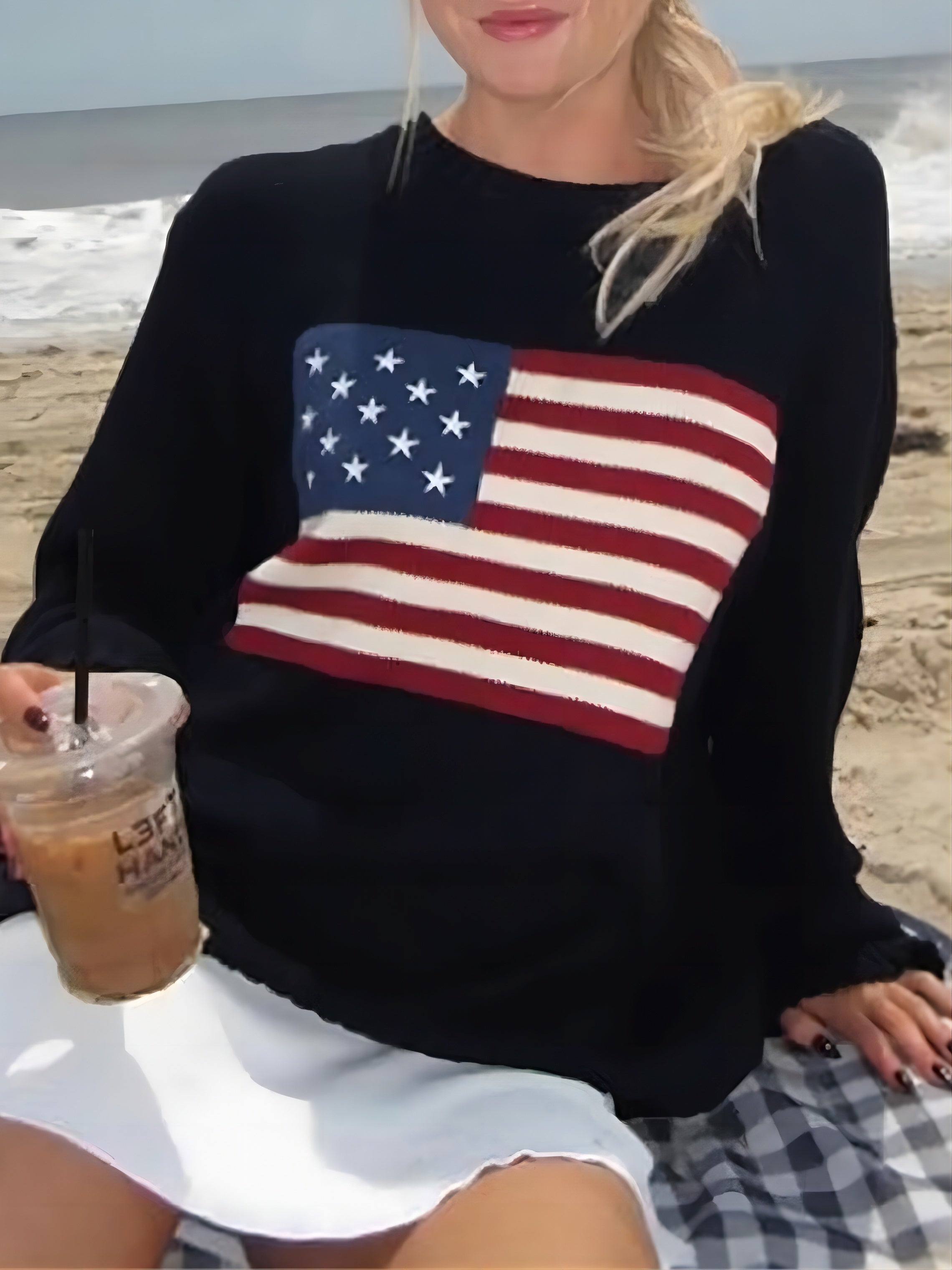 Amerikansk Flag Mønstret Kvinde-Bluse | Rund Hals | Lange Ærmer | Vintervarm og Komfortabel | Blødt Materiale | Elegant Daglig Stil