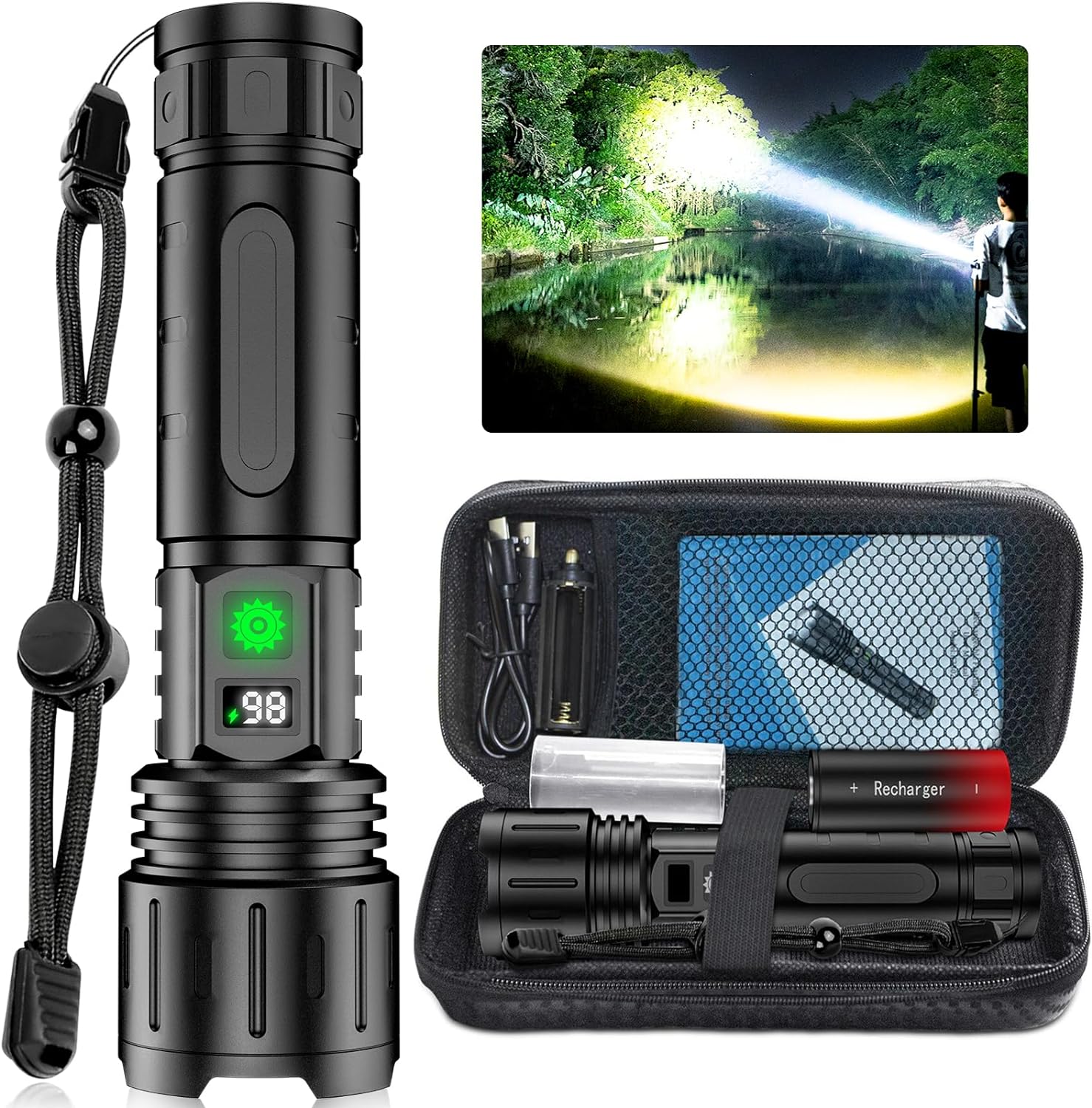 100000 Lumen | Ultrabright Taktisk LED | LCD-Display | Powerbank Funktion | 5 Lysindstillinger | Type-C USB | IPX5 Vandtæt | Aluminium Konstruktion | 20 Timer Batteritid | 1000 Meter Rækkevidde