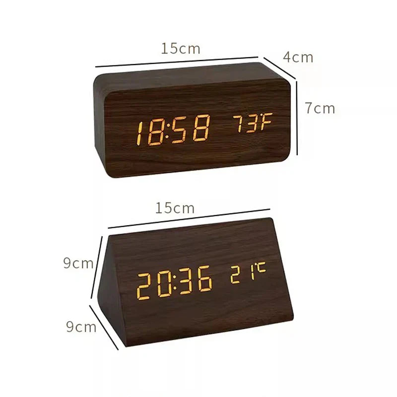 Trælook Vækkeur | LED Display | Stemmestyring | Temperaturvisning | Justerbar Lysstyrke | Op til 3 Alarmer | 7x15x4 cm | Ideel til Soveværelset