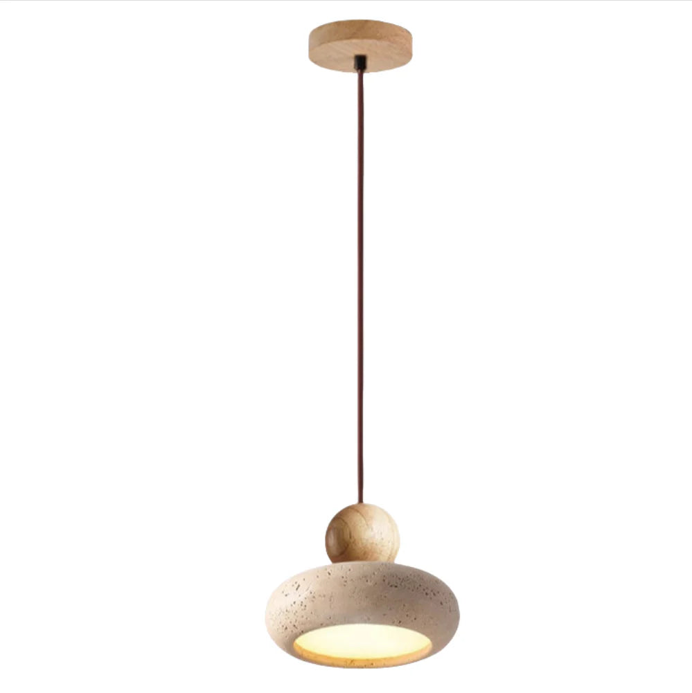 Alvione Bauhaus Lampe | Natursten Travertin | Moderne Design | LED Lys | Træbase | Varm Belysning