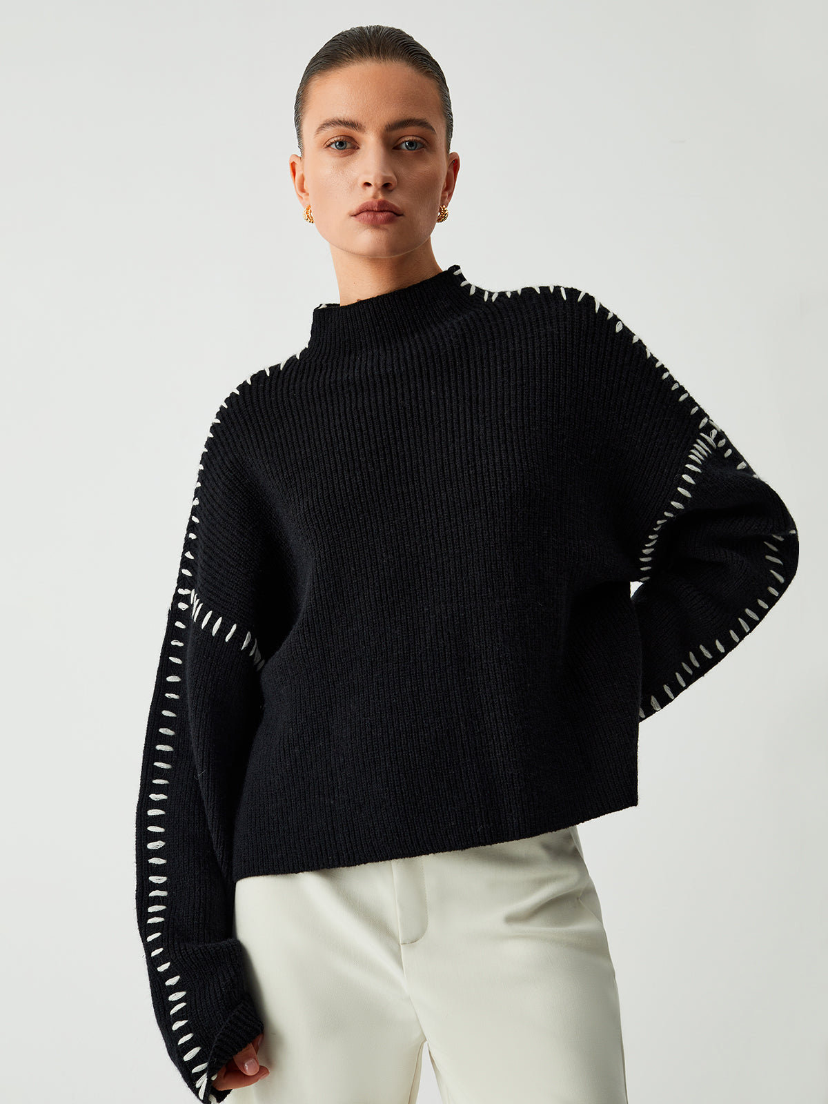 Flyt Fokus | Oversized Mock Neck Striktrøje med Elegant Design til Kvinder | Behagelig Pasform | Varm og Hyggelig til Kolde Dage