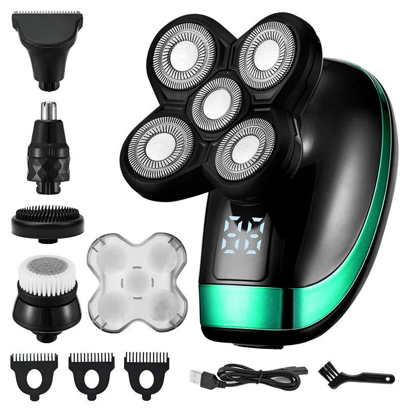 Elektrisk 5-i-1 Roterende Barbermaskine | Vandtæt IPX7 | Digital Display | Nakke- & Øretrimmer | 5D Flydende Hoveder | Komplett Grooming Kit til Mænd | Genopladelig 600mAh Batteri | USB Opladning
