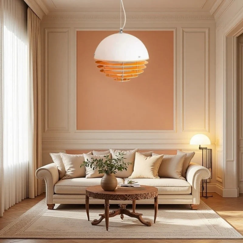 Hrafen Loftlampe | Glas Pendel | Unik Dome Design | Orange og Hvid | Elegant Atmosfære | E27 Fatning | Moderne Belysning | Akryl og Metal | 110-240V | Til Stue, Kontor, Café | IP20