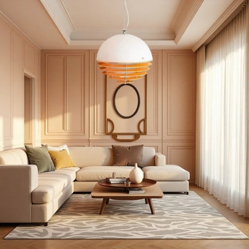 Hrafen Loftlampe | Glas Pendel | Unik Dome Design | Orange og Hvid | Elegant Atmosfære | E27 Fatning | Moderne Belysning | Akryl og Metal | 110-240V | Til Stue, Kontor, Café | IP20