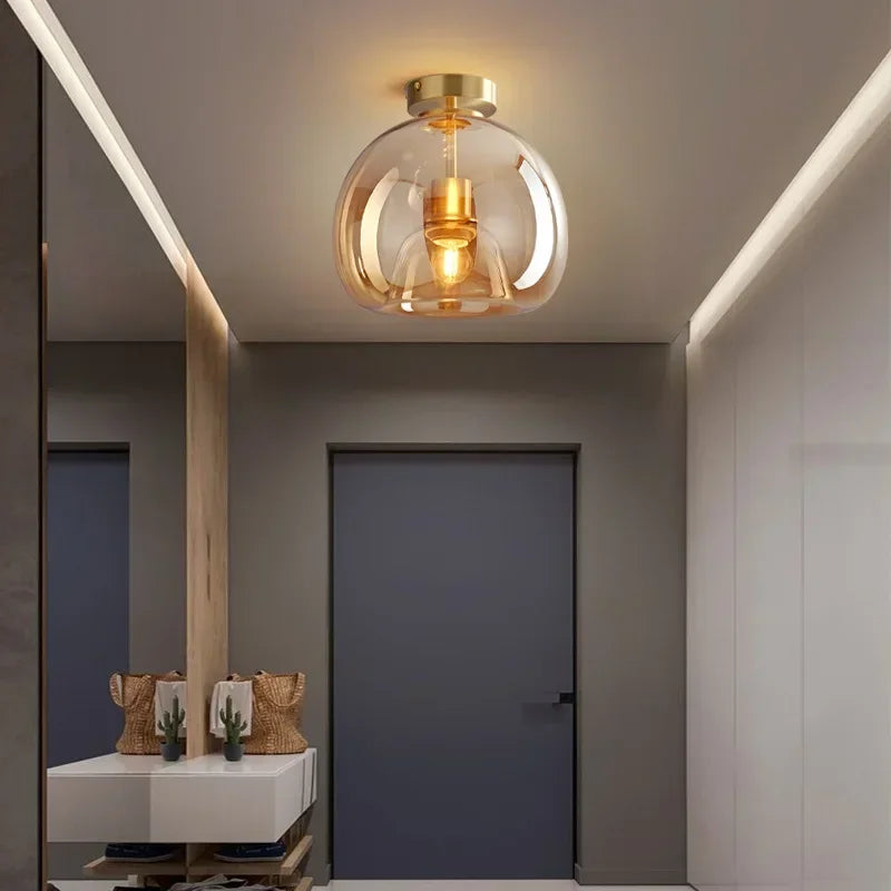 Minimalistisk Glas Loftlampe | Moderne Design | E27 | Kobber & Glas | 29x25 cm / 25x17 cm | Perfekt til Stue & Entre | Let Installation | 220V