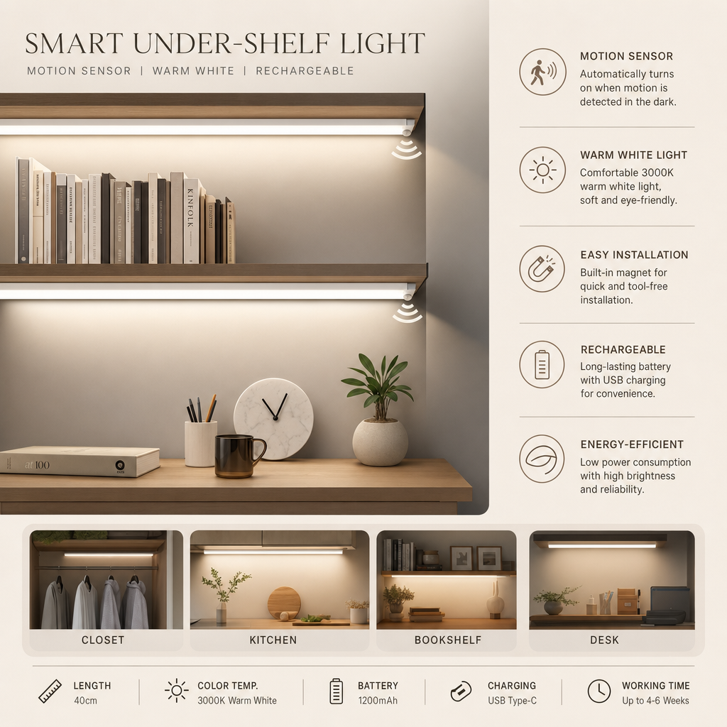 Bewegingssensor LED-kastverlichting USB oplaadbare inductie-nachtverlichting Draadloze draagbare detectorverlichting voor kledingkast Hal