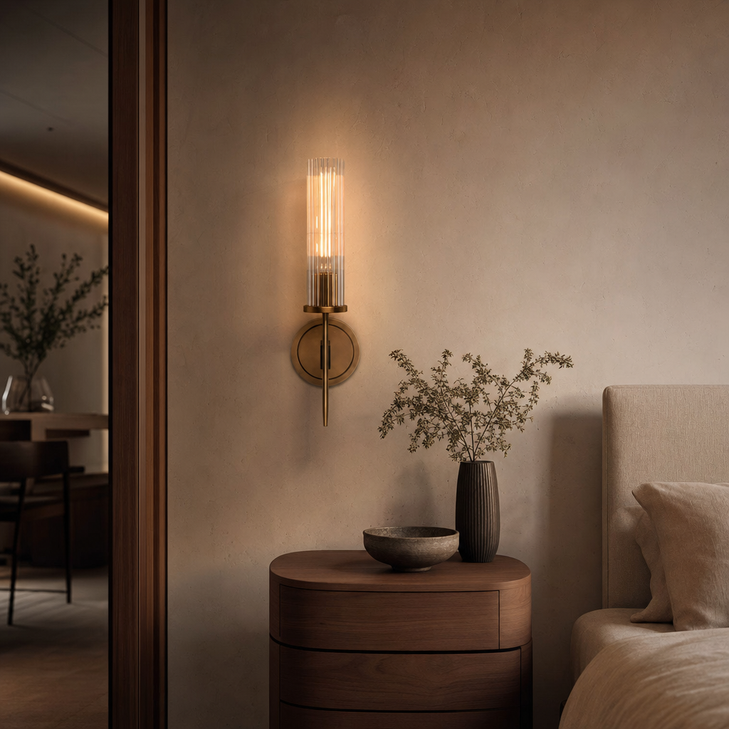 KopraLux Wall Light | Ribbed Glass | Warm Copper Finish | Elegant Vintage Design | Home Decor | E27 Compatible