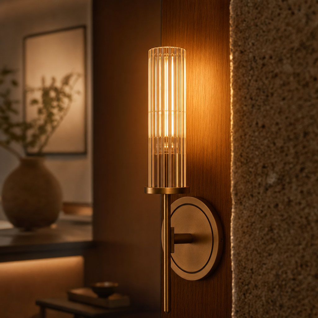 KopraLux Wall Light | Ribbed Glass | Warm Copper Finish | Elegant Vintage Design | Home Decor | E27 Compatible