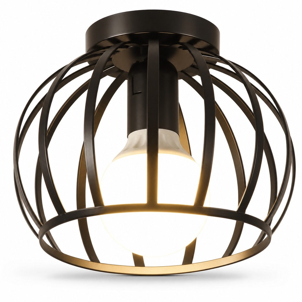 Industrial Flush Mount Ceiling Light | Black Cage Design | Ideal for Bedrooms, Bathrooms, Hallways | Open Finish
