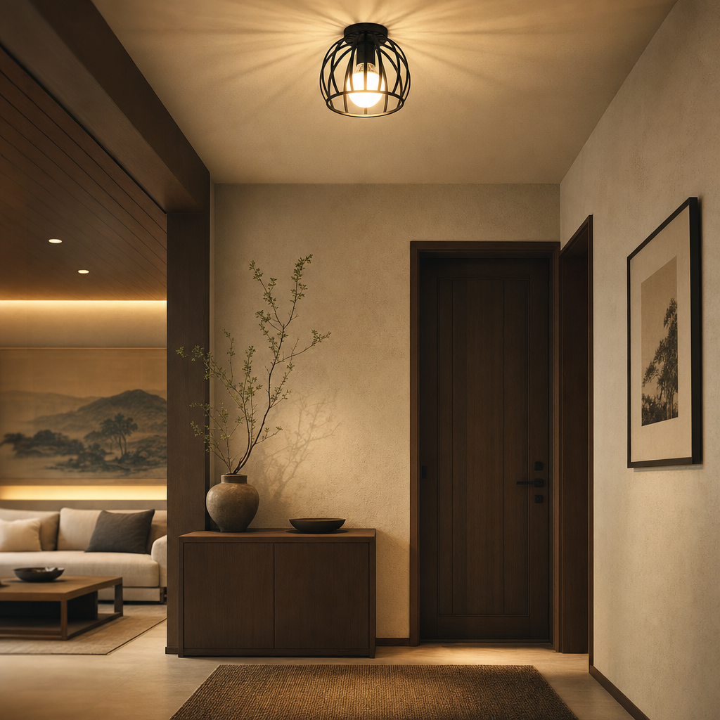 Industrial Flush Mount Ceiling Light | Black Cage Design | Ideal for Bedrooms, Bathrooms, Hallways | Open Finish