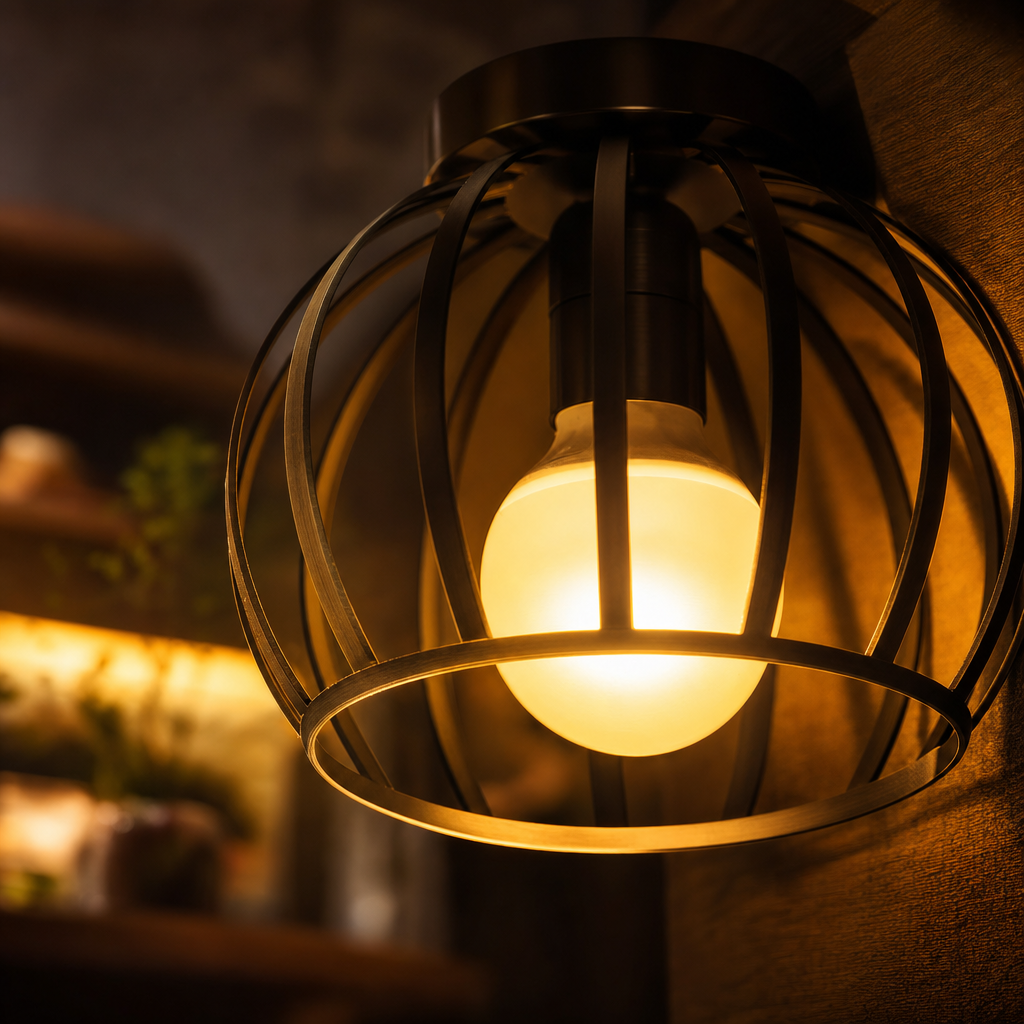 Industrial Flush Mount Ceiling Light | Black Cage Design | Ideal for Bedrooms, Bathrooms, Hallways | Open Finish