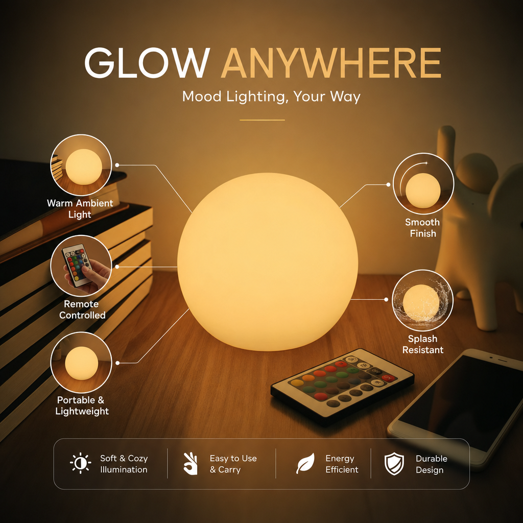 GlowOrb Rechargeable LED Table Lamp | 16 Colors & 4 Modes | Portable Wireless GlowOrb | USB Charging | Home Decor