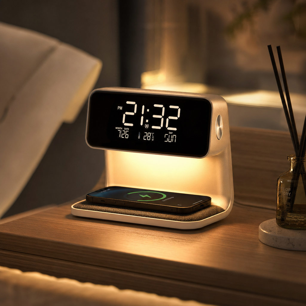 Smart LED Touch Lamp | Wireless Phone Charger | LCD Alarm Clock | Minimal Design | Bedroom & Office Decor