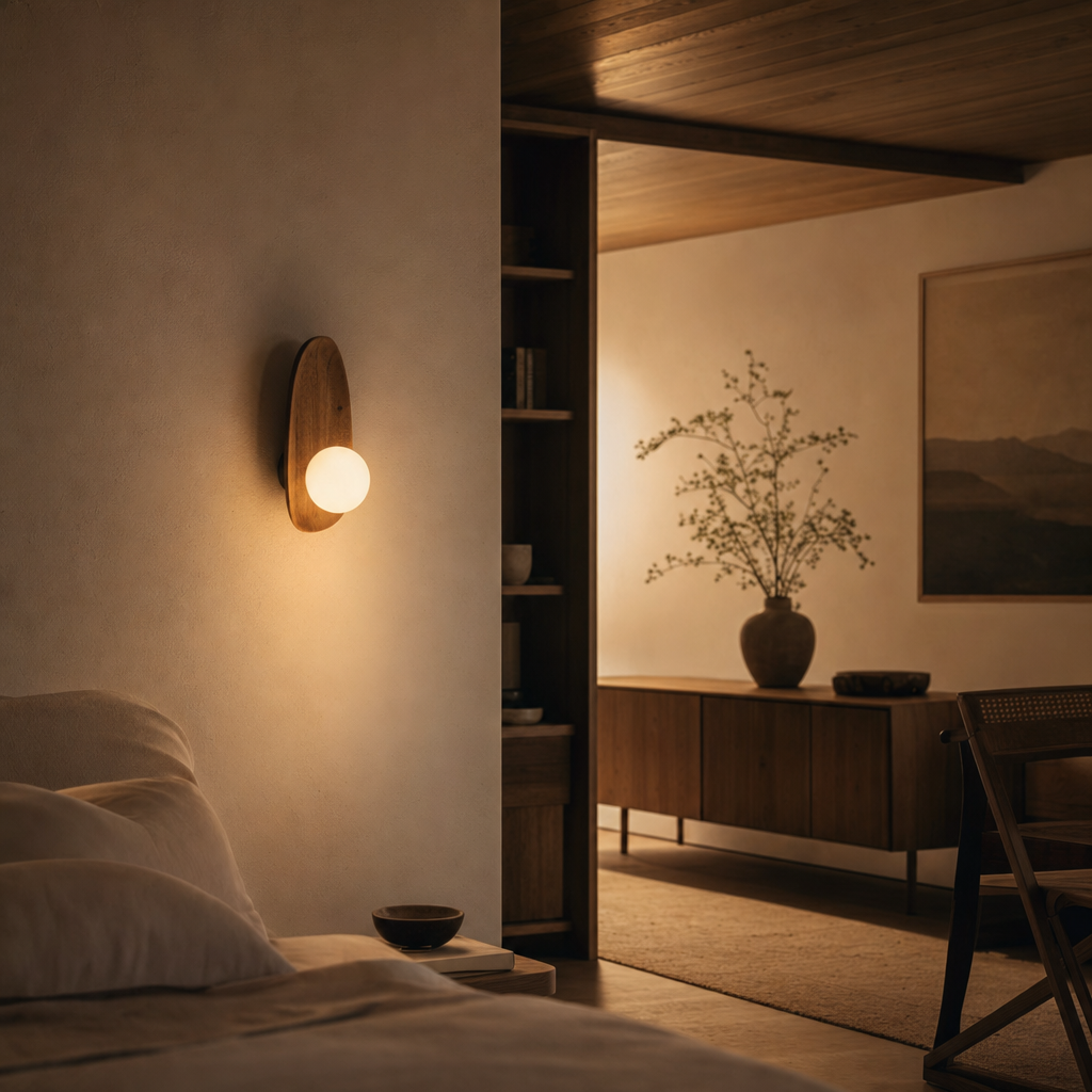 Acacia Wood Wall Light | Opaque Glass Shade | Harmonious Lighting for Living Room Bedroom Hallway