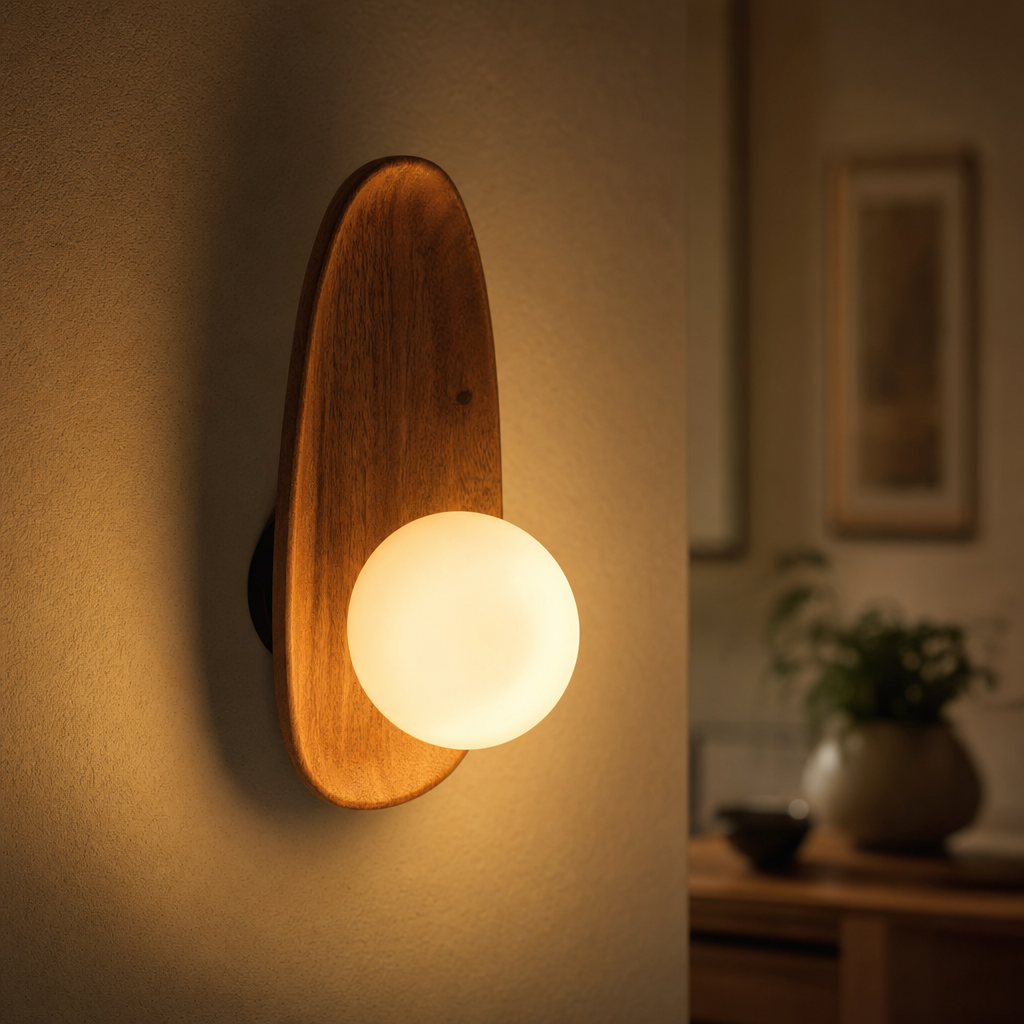Acacia Wood Wall Light | Opaque Glass Shade | Harmonious Lighting for Living Room Bedroom Hallway