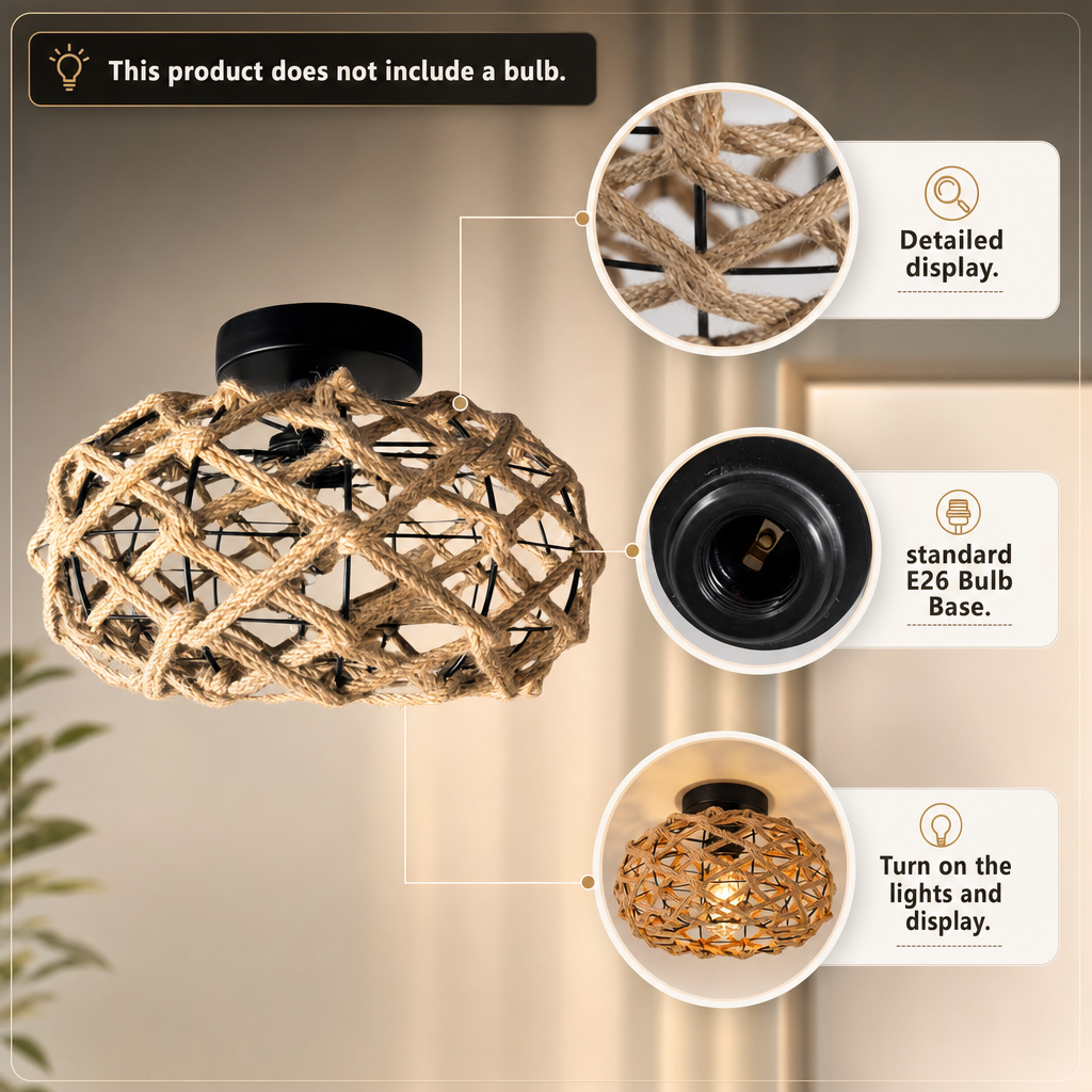 Unique Handwoven Lamp, Zen Home Light, Ceiling Light, Embedded Ceiling Light, Holiday Gift Light, Hemp Rope Iron Art Light, Elegant Retro Bohemian Style Chandelier with Metal Decorated Country Woven Rope Design for Bedroom, Kitchen, Corridor and Rural Dec