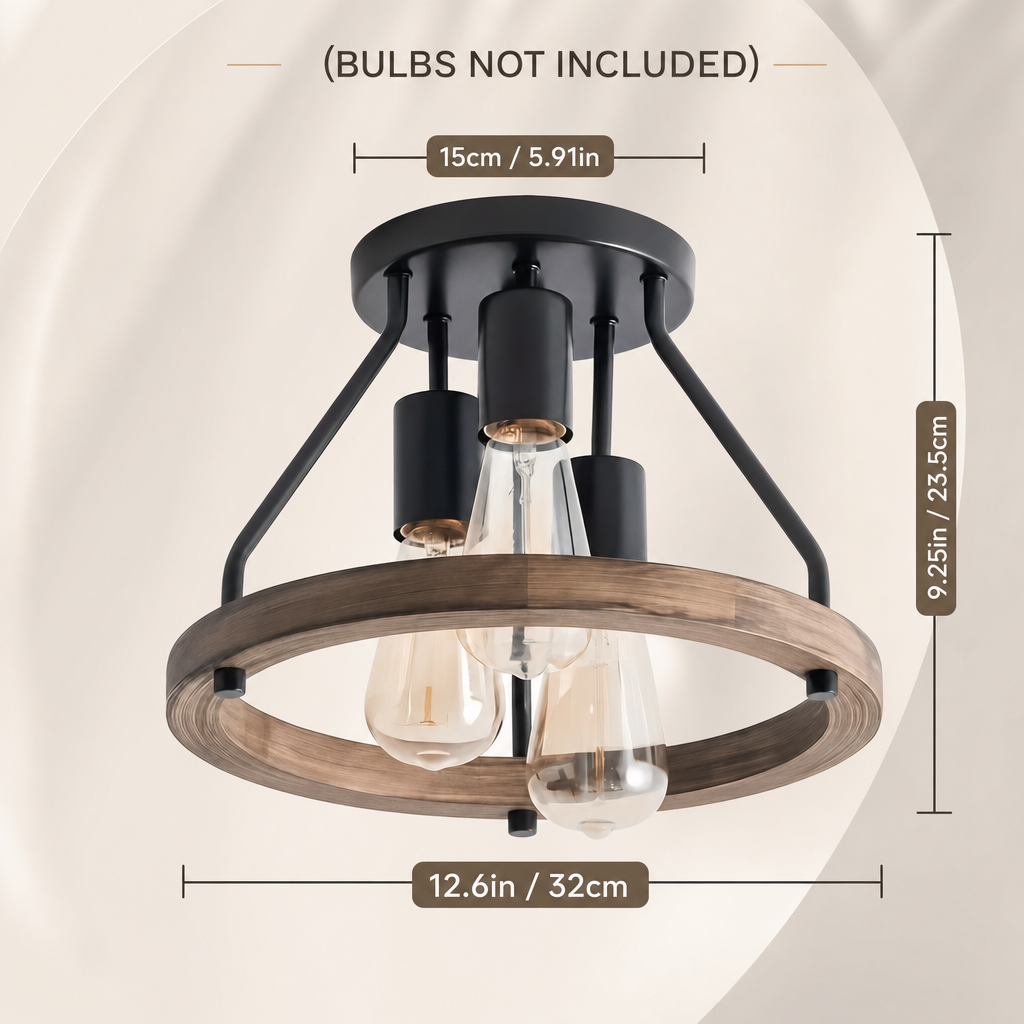 Rustic Farmhouse 3-Light Chandelier | Semi-Flush Mount, Metal End with E27 Base for Hallway, Bedroom & Kitchen Decor, Includes Installation Hardware, No Bulbs Included