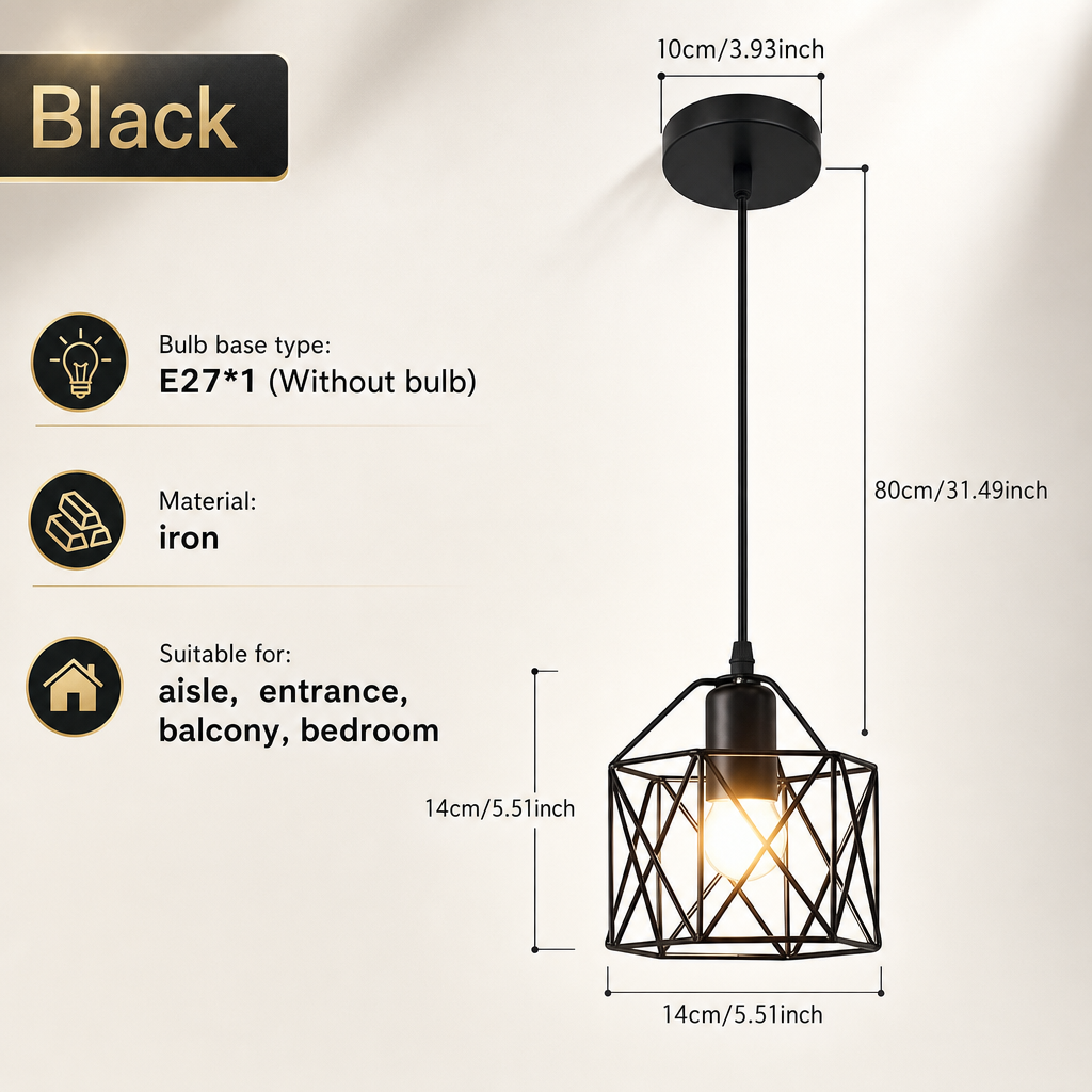 1Pc modern Nordic black wrought iron E27 hanging pendant lamp, bedroom headboard, hallway, balcony entrance, kitchen, dining room, staircase, Halloween and Christmas lighting fixtures (without light bulbs)