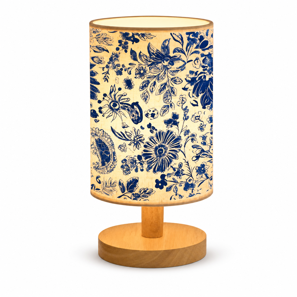 Deep Blue Japanese Floral Design Table Lamp | Modern USB Powered Bedroom Decor | Indoor Lighting with Lampshade | Decorative Night Light