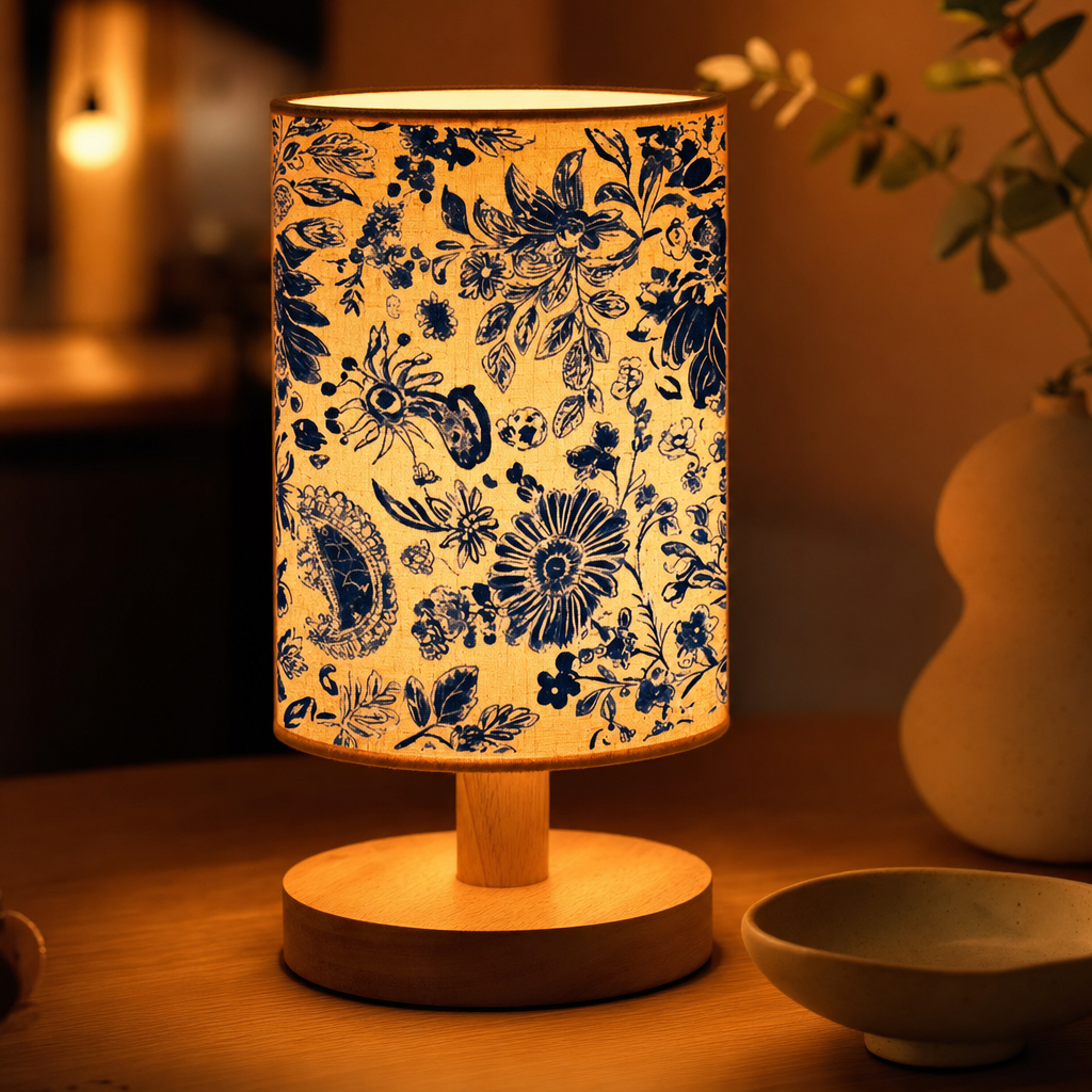 Deep Blue Japanese Floral Design Table Lamp | Modern USB Powered Bedroom Decor | Indoor Lighting with Lampshade | Decorative Night Light