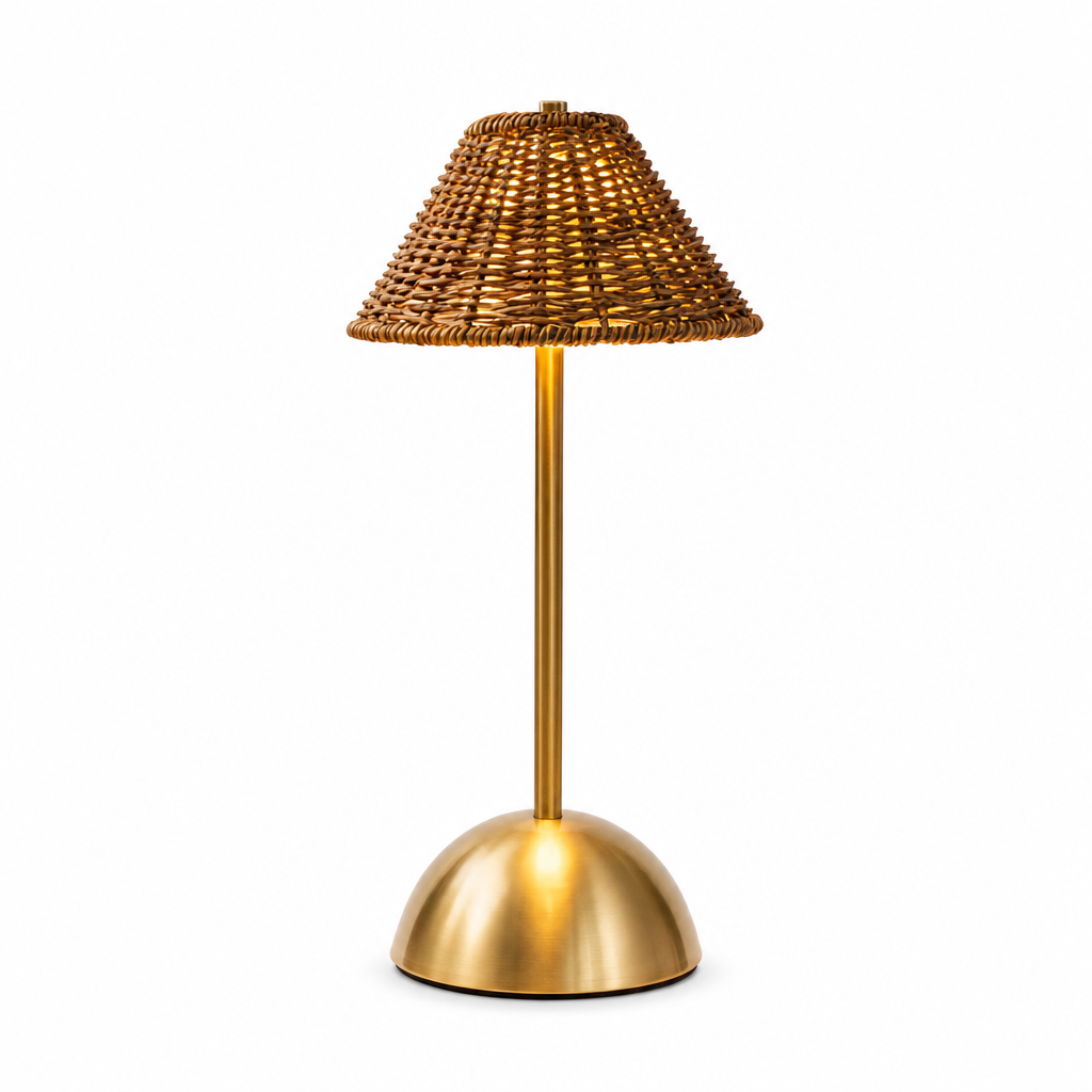 Handwoven Rattan Table Lamp | USB Rechargeable | Touch Control | Art Deco Lighting | Metal Base | Solid Color | 1800mAh Battery
