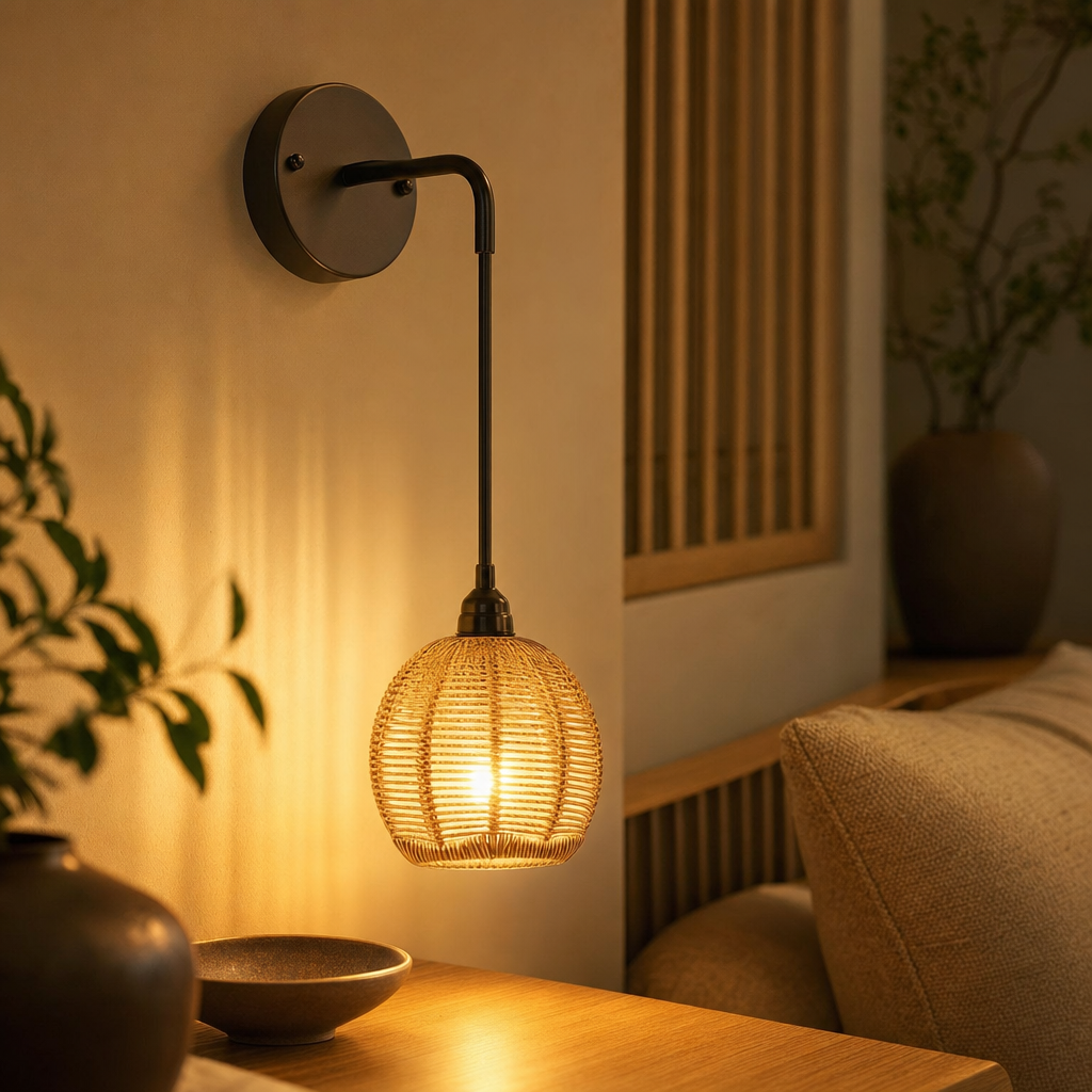 Bohemian Rattan Wall Lamp Set | Farmhouse Style Metal Sconce | Bedroom Living Hallway Decor