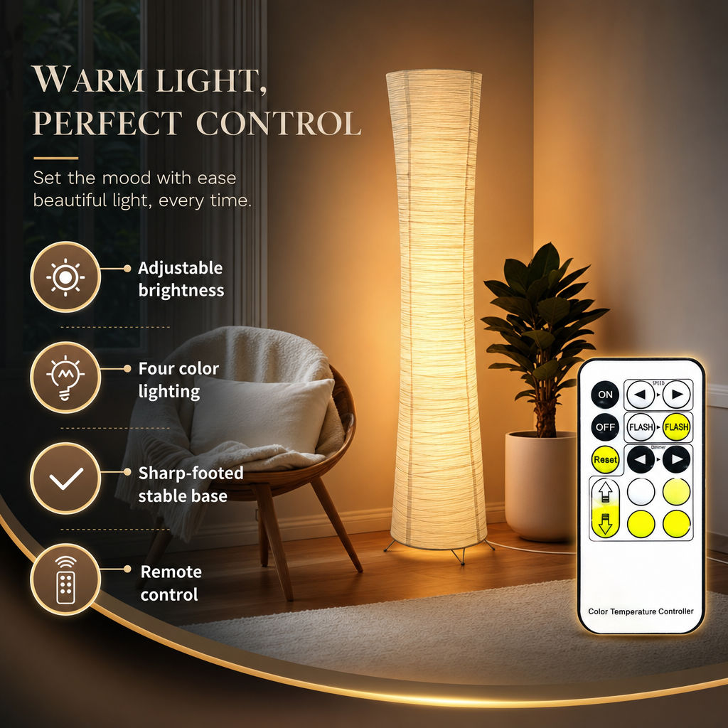 Modern LED Floor Lamp | Paper Shade | USB Remote Control | Warm Light | Uplight Design | Living Room & Bedroom Decor