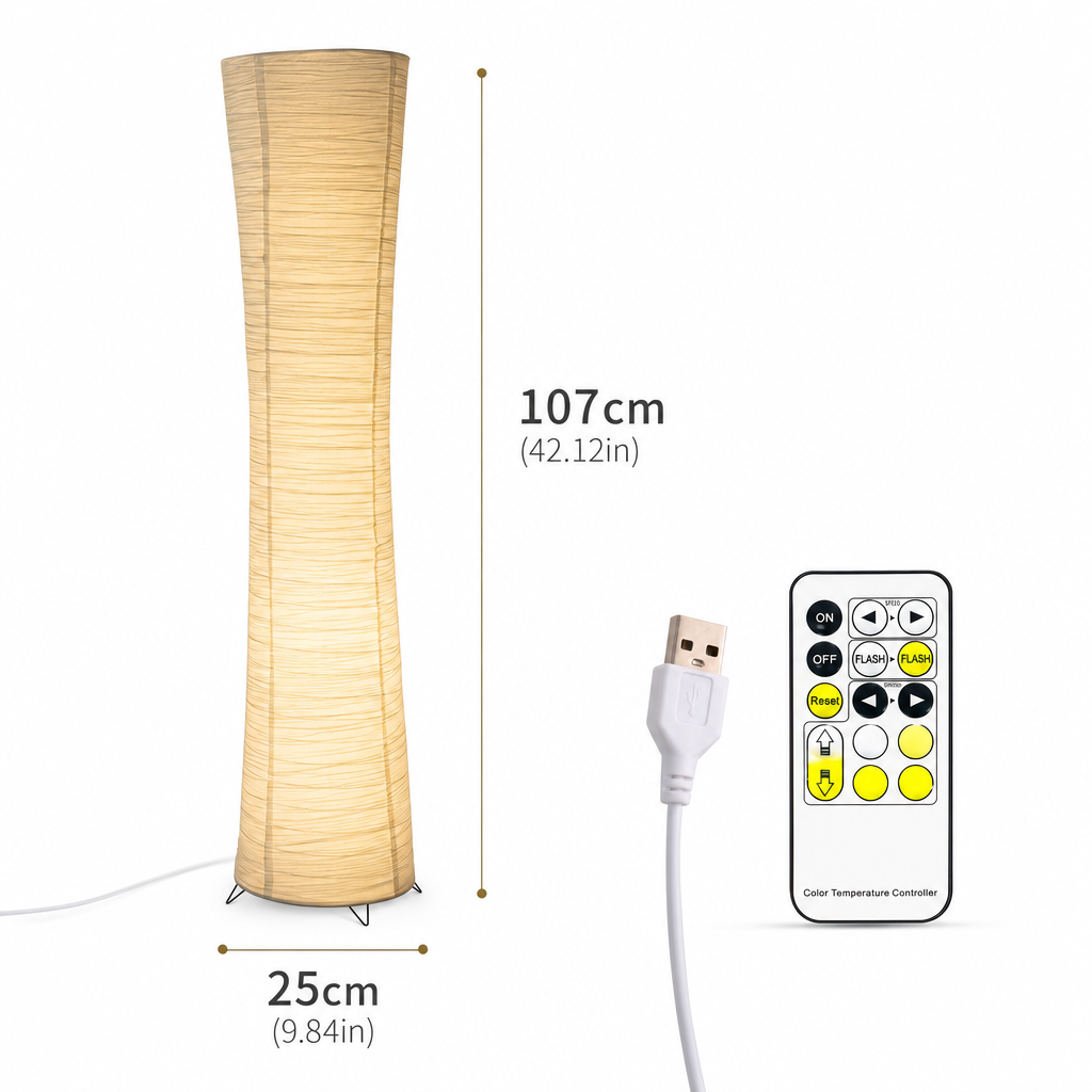 Modern LED Floor Lamp | Paper Shade | USB Remote Control | Warm Light | Uplight Design | Living Room & Bedroom Decor