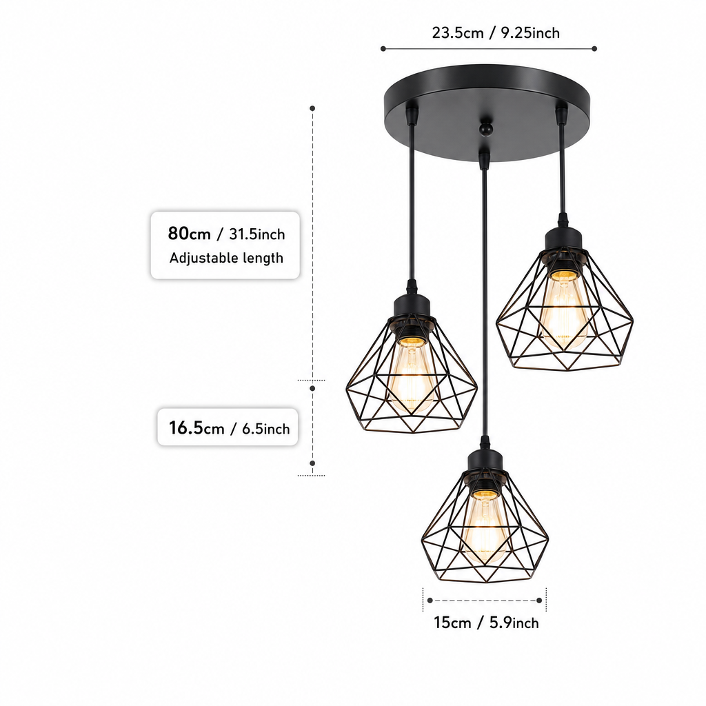 Modern Nordic 3-Light Pendant Fixture | E27 Base | Cast Iron Varnished | Kitchen & Bar Lighting | Holiday Decor