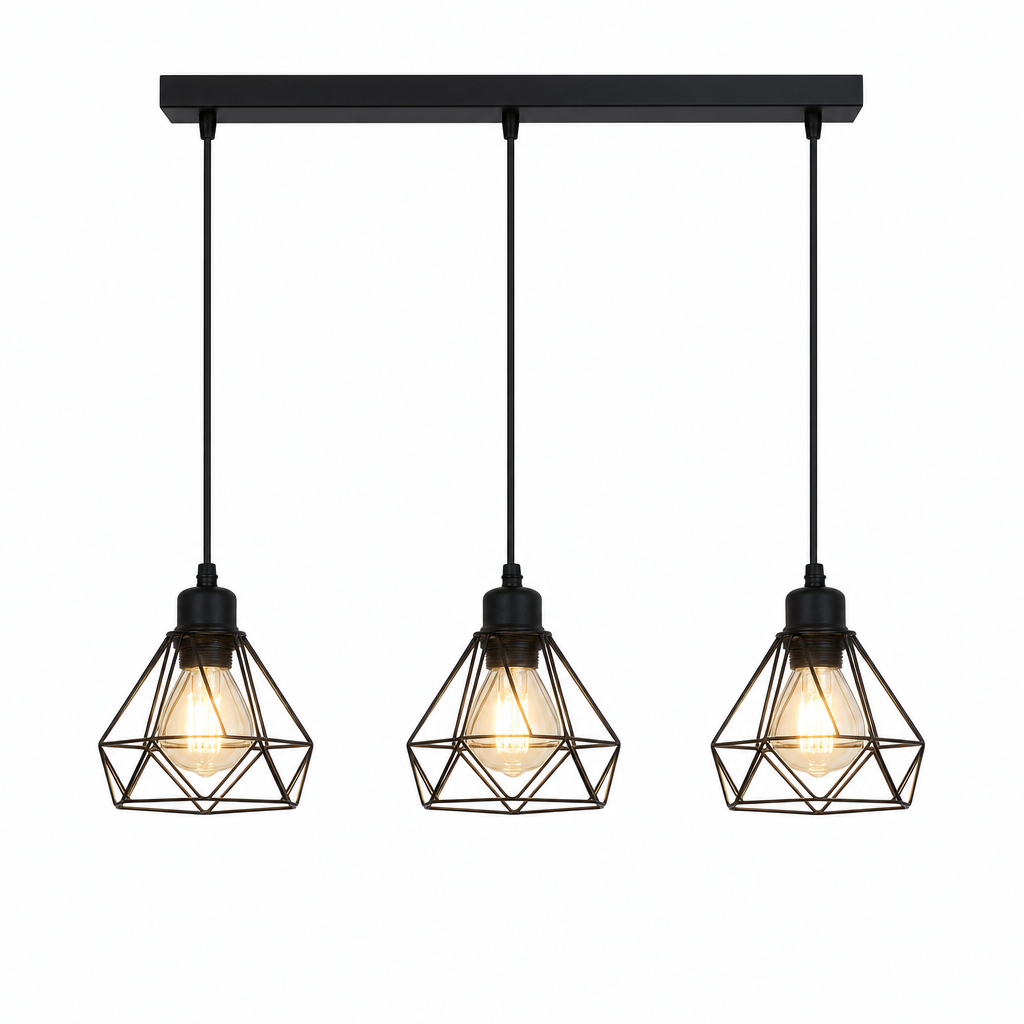 Black Industrial 3-Light Metal Cage Pendant | E27 Base | Varnished Iron Lighting for Kitchen Bar Counter | Hard-Wired | Modern Style