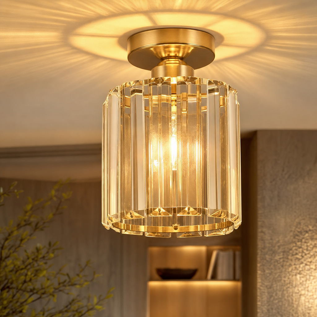Modern Crystal Ceiling Light | Semi Flush Mount | E27 Base | Metal Varnished Fixture | Home Decor | Corridor Bedroom Kitchen Lighting