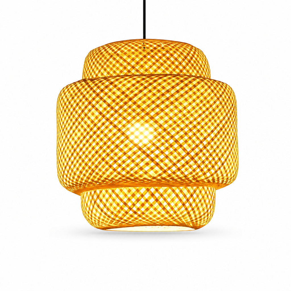 Rustic Bamboo Pendant Light | Zen Room Decor | Japanese Rattan Barrel Lantern | Vintage Art Lampshade | Polished Finish