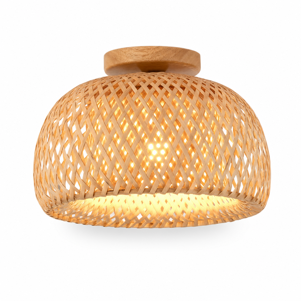 Tropical Woven Ceiling Light | E27 Base | Bamboo Style Semi Flush Mount | Hallway Kitchen Bedroom | 30cm Diameter