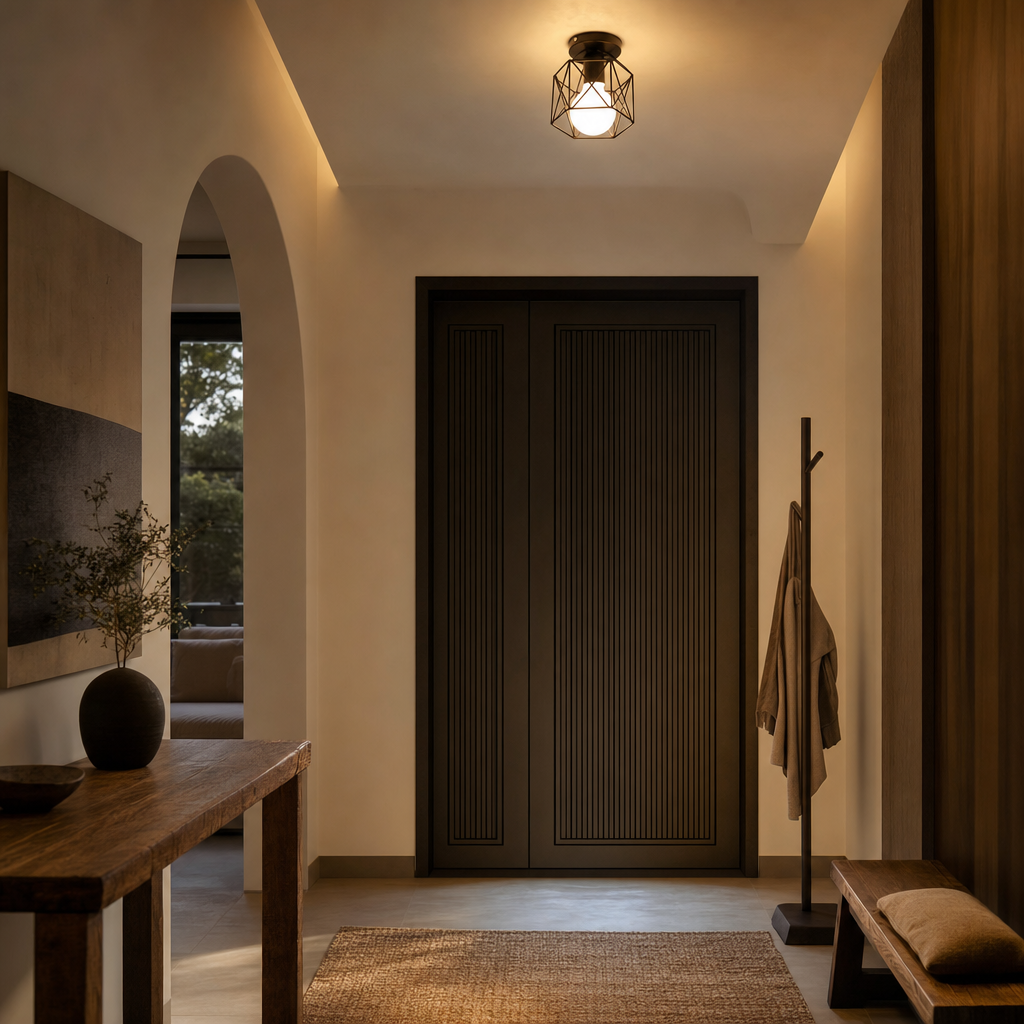 Modern Nordic Ceiling Light | Geometric Design | E27 Base | Kitchen Hallway Balcony Fixture | Hard-Wired | Varnished Iron