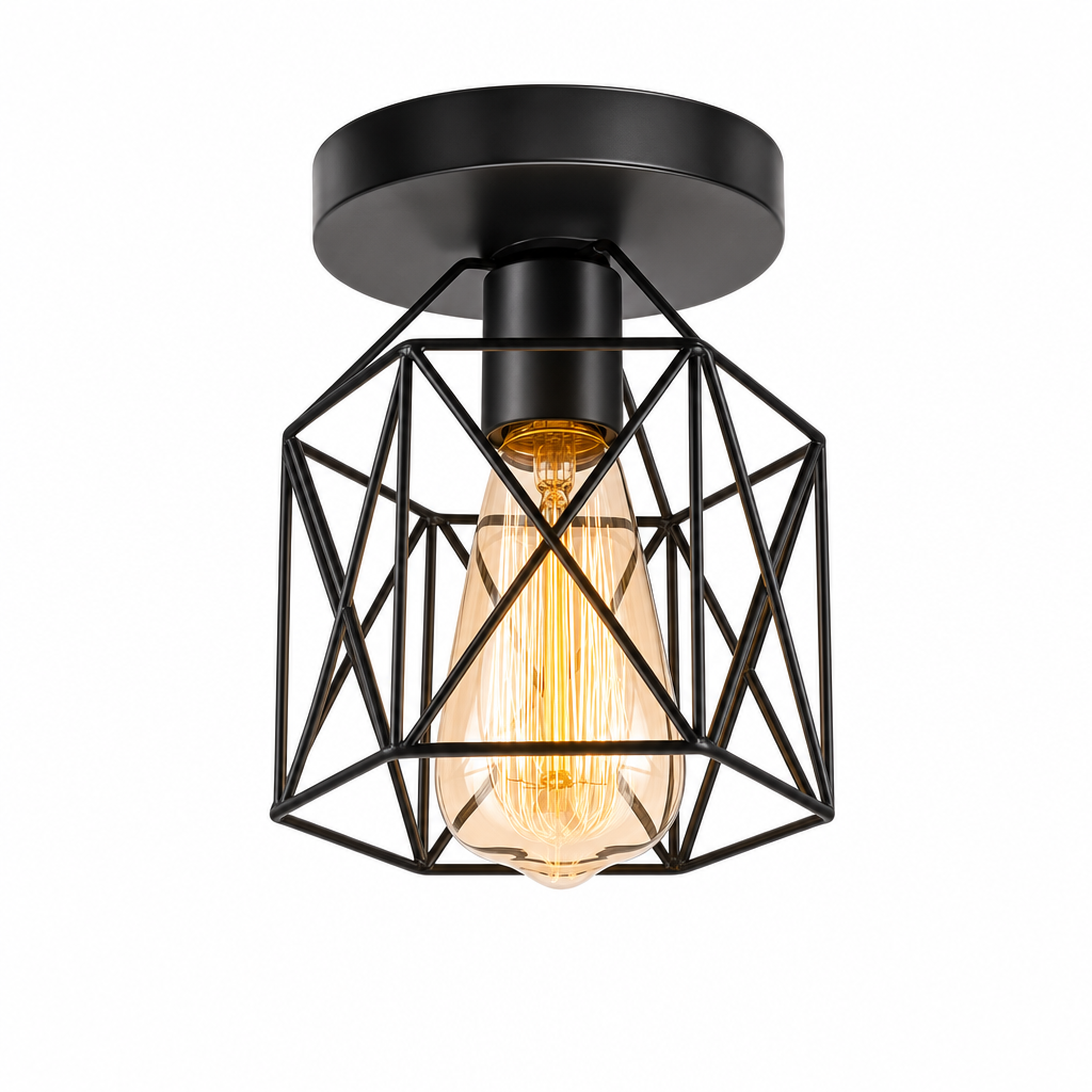 Modern Nordic Ceiling Light | Geometric Design | E27 Base | Kitchen Hallway Balcony Fixture | Hard-Wired | Varnished Iron