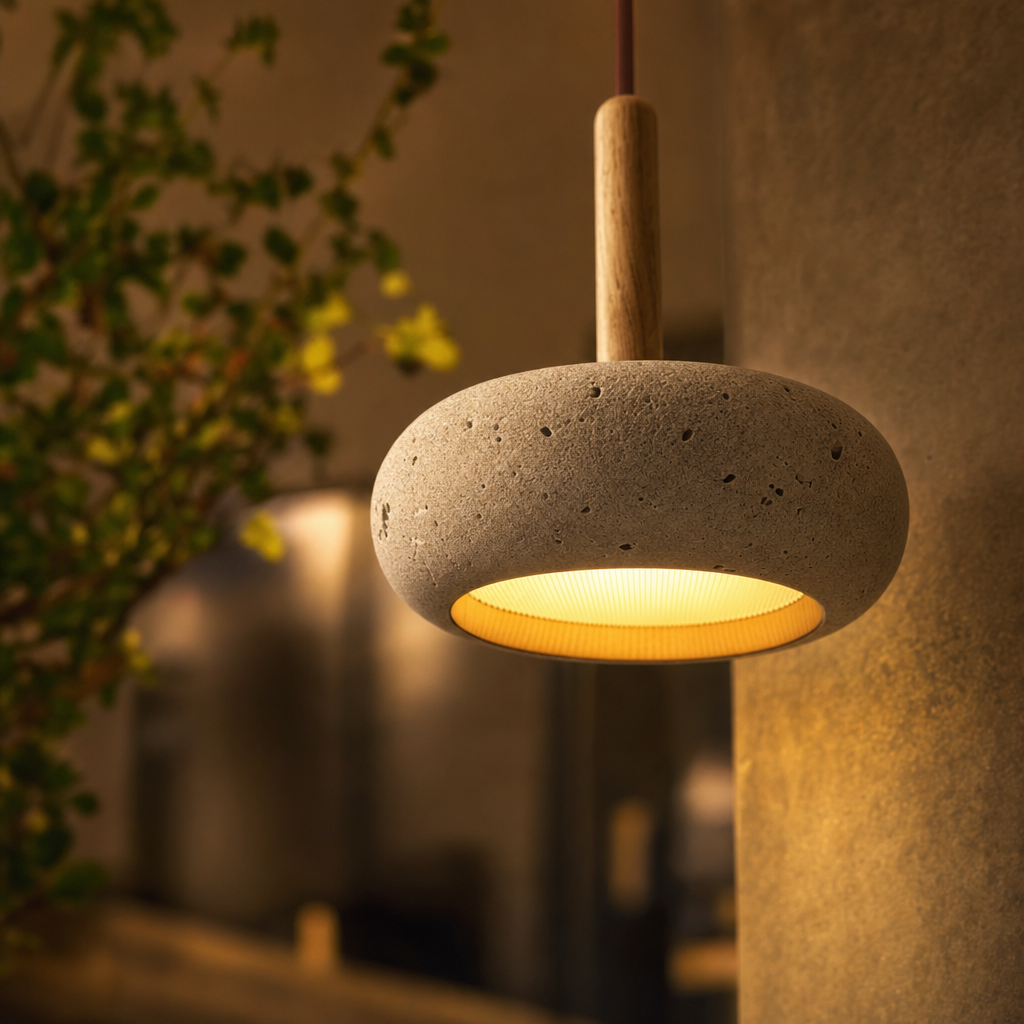 TranquilHalo LED Hanging Light | Adjustable Height | Yellow Stone & Wood | Easy Install | Warm Glow | 2m Cord | 15cm Diameter