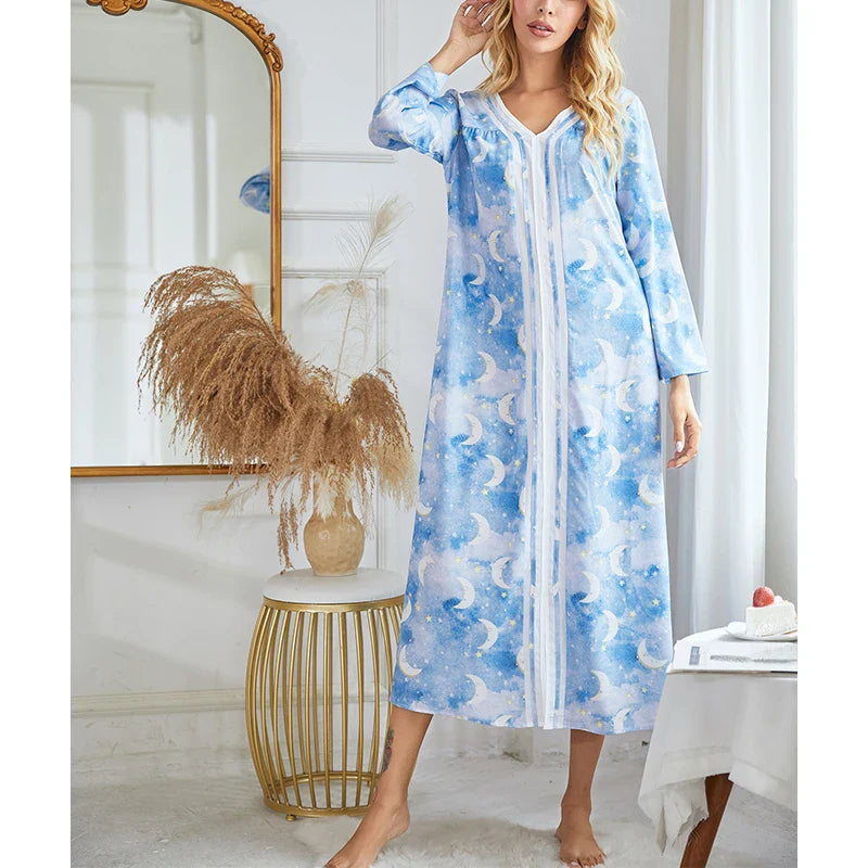 CottonLuxe Plus Size | Langærmet Natskjole | 100% Bomuld | Stilfuldt Print og Slid | Komfortabel og Åndbar | Naturlig Pasform | Ideel til Alle Årstider