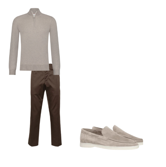 Beige/brune bukser i bomuld | Slank pasform | Åndbar | Halv-zip merinould sweater | Temperaturregulerende | Ruskind loafers | Tidsløs æstetik | Komfortabel og elegant til alle lejligheder