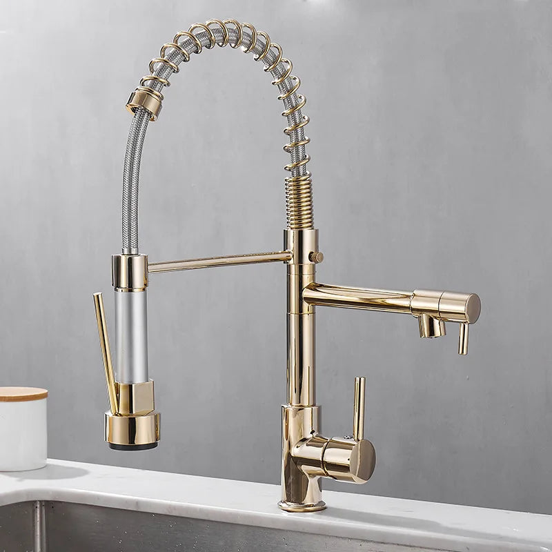 AquaLuxe Køkkenhane | Dobbelt Tud Design | Sort & Guld Finish | Premium Messing | Fleksibel Fjederhane | Elegant og Funktionel Vandhane | Høj Kvalitet | Moderne Kran Til Køkken Indretning