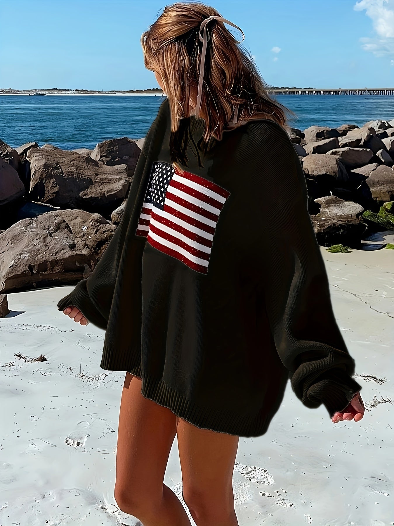 Amerikansk Flag Mønstret Kvinde-Bluse | Rund Hals | Lange Ærmer | Vintervarm og Komfortabel | Blødt Materiale | Elegant Daglig Stil