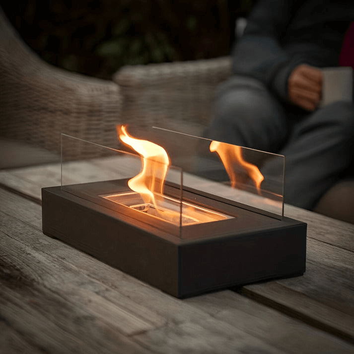 Tischkamin mit Bioethanol | Modernes Design | Schwarz | Für drinnen und draußen | Rechteckige Form | Robustes Glas und Metall