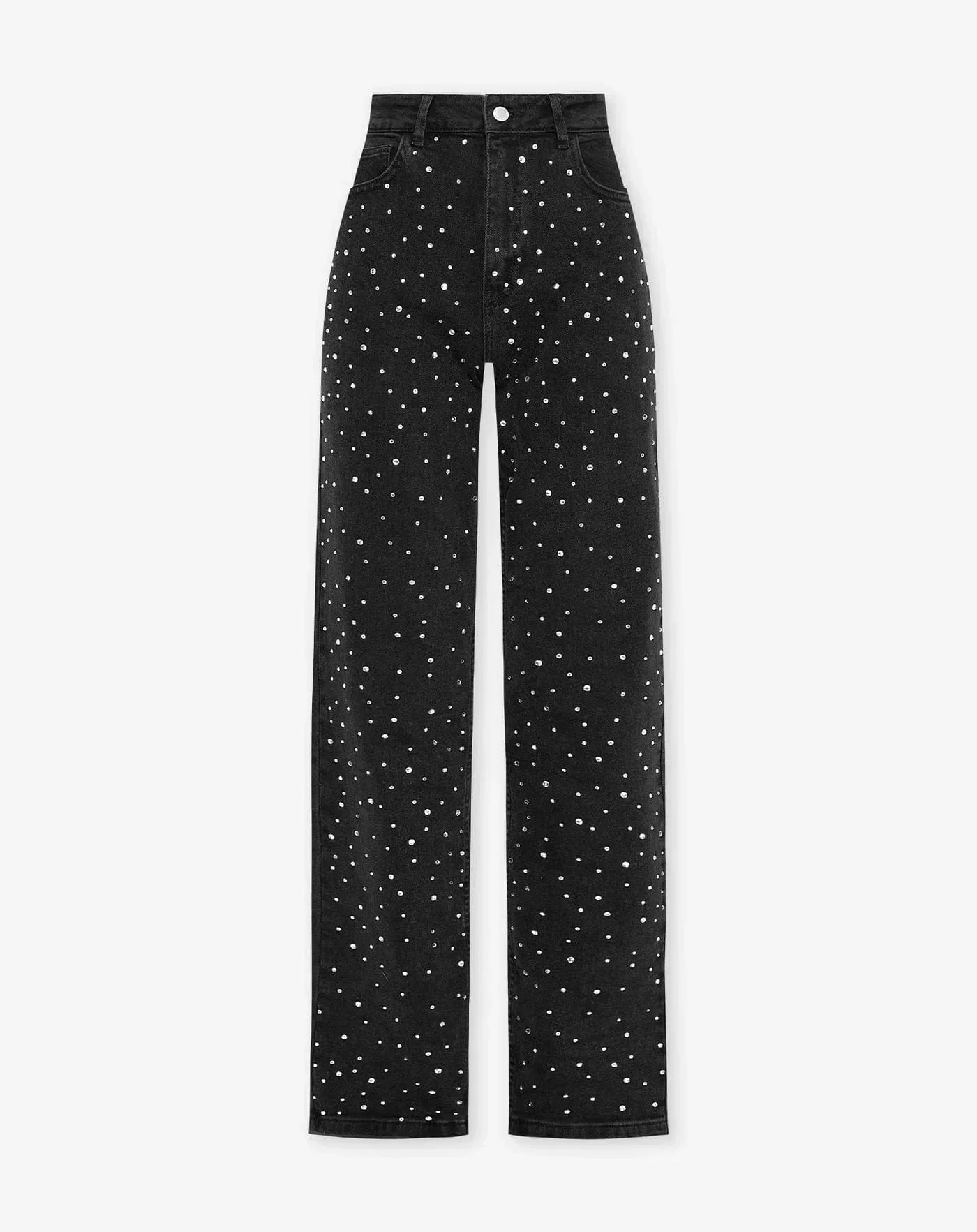 Sort Jeans med Glitrende Diamantdetaljer | Komfortabel Lige Pasform | Elegant og Chic Look | Hverdags- og Festtøj | Højkvalitets Denim