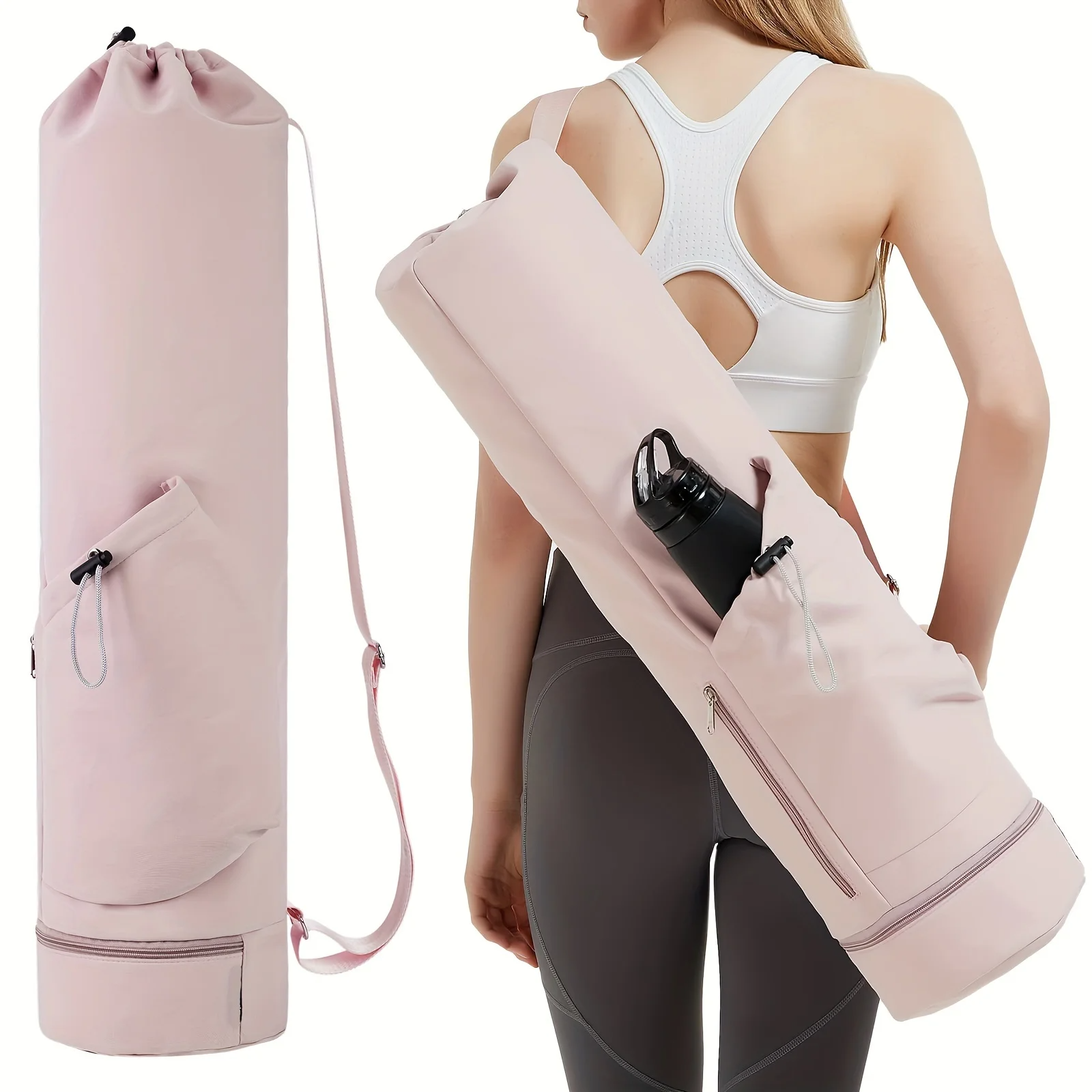 Yogataske | Med vådfack og flaskeholder | Vandafvisende polyester | Perfekt til yoga & pilates | Justerbar rem | Letvægt 330g | Praktisk opbevaring til studietur | Ekstra sidelomme med lynlås